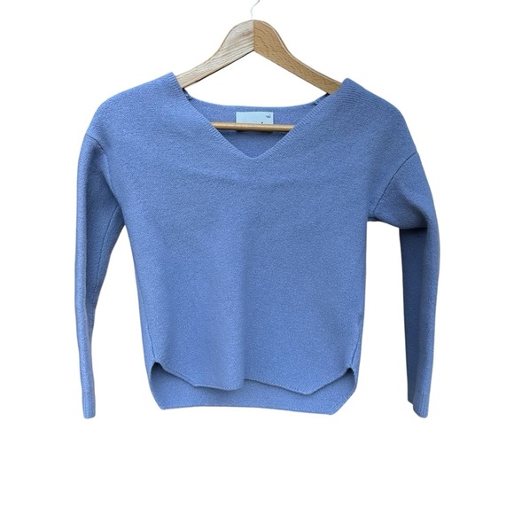 Aritzia Wilfred Free 100% Merino Wool Wolter Sweater Tuck Stitch Purple V Neck - Picture 2 of 8